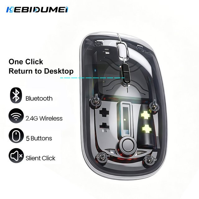 KEBIDUMEI Transparente Funkmaus mit Bluetooth und 5 Stummschalttasten für PC, Laptop und MacBook, Farbe: Transparent/Schwarz - Bild 1
