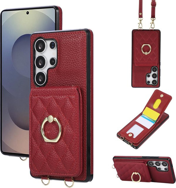 Leder Lanyard Handyhülle mit Wallet Card für Samsung Galaxy S25 S24 S23 S26 Ultra S22 Plus S21 FE S20 Note 20 Ring Flip Cover in Schwarz und Rot - Bild 1