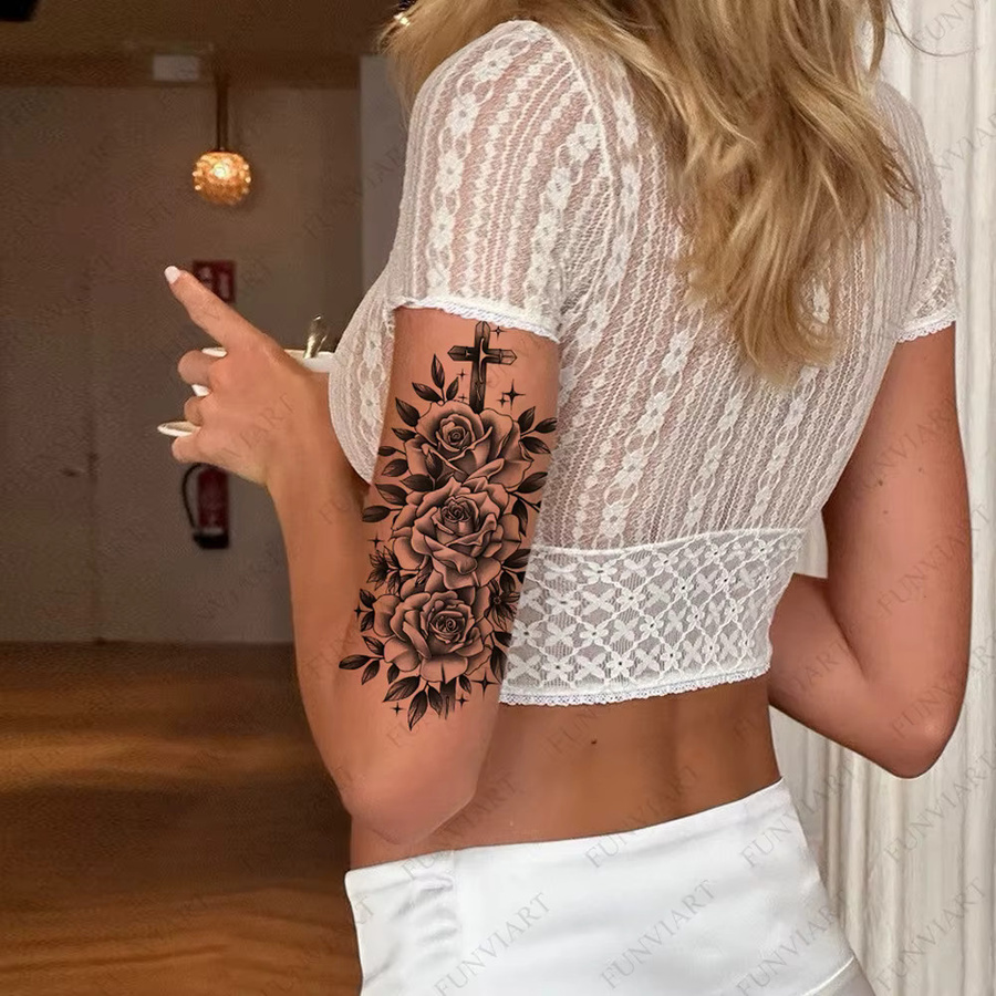 FUNVIART Einweg-Tattoos, schwarze Blumen und Kreuze, Damen - Bild 3