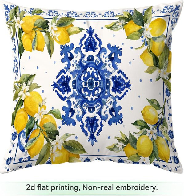 JMG Clothing Kissenbezug Mediterranean Serie in Blau und Weiß mit Zitronen-Motiv, Polyester, B/H: 45 x 45 cm - Bild 1