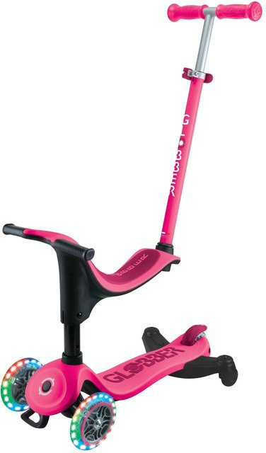 Globber Go-Up Sporty Lights 360 3in1 Aufsitzrad, Laufrad und Scooter mit LED-Rollen und Schiebestange, Pink - Bild 1