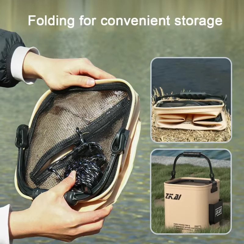 Klappbarer Eimer XMSJ in Beige, tragbarer Camping- und Angeleimer mit ergonomischem Griff, 13 l oder 8 l - Bild 2