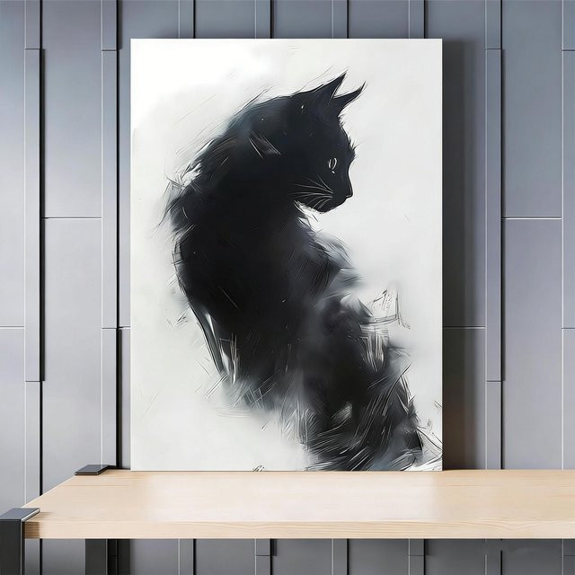 Wandteppich mit Tuschemalerei Schwarze Katze von JMG Household Supplies, minimalistischer Wandbehang in Schwarz, B x H: 60 x 90 cm - Bild 1