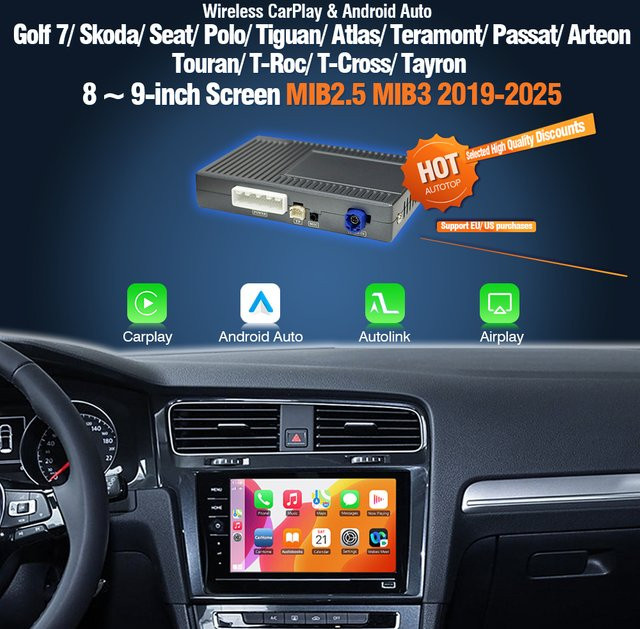 AUTOTOP Wireless CarPlay und Android Auto Interface für VW Skoda Seat MIB2.5 und MIB3, 9,2 Zoll, Schwarz - Bild 1