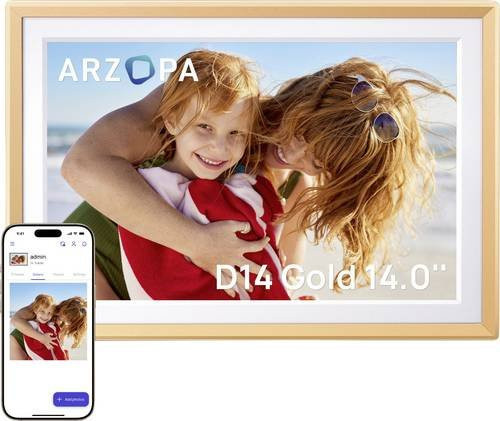 Arzopa D14 Digitaler Bilderrahmen 14 Zoll mit 32GB Speicher und 1920 x 1200 Pixeln in Gelbgold - Bild 1