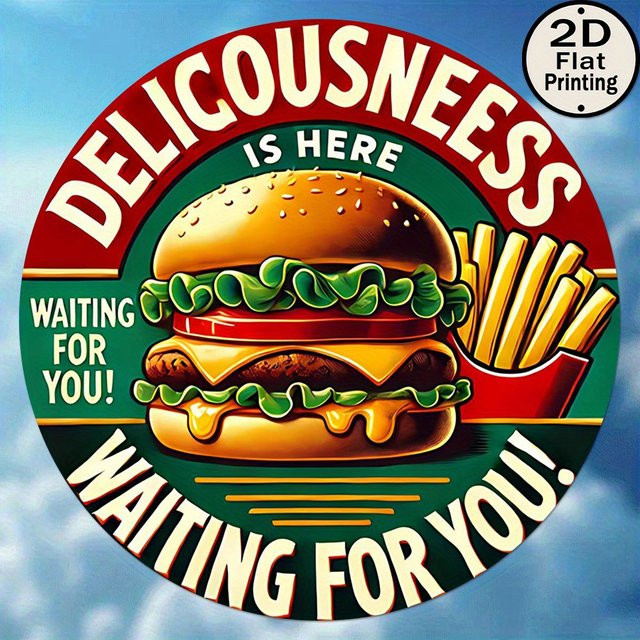 Potdemiel Vintage Metall-Wandblechschild rund Deliciousness is Here Burger & Fries Design, Mehrfarbig, Durchmesser: 20,32 cm - Bild 1