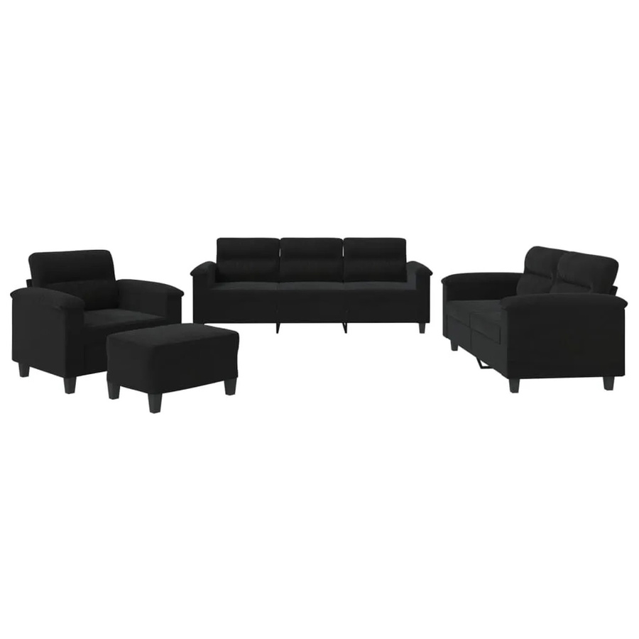 vidaXL 4-tlg Sofagarnitur in Schwarz aus Mikrofasergewebe mit 3-Sitzer, 2-Sitzer, Sessel und Ottoman sowie Kissen - Bild 2