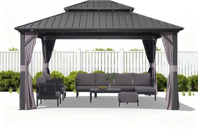 Purple Leaf Gartenpavillon mit doppelschichtigem Dach und Moskitonetz, Farbe: Grau/Lila, B/T/H: 300 x 425 x 287 cm - Bild 1