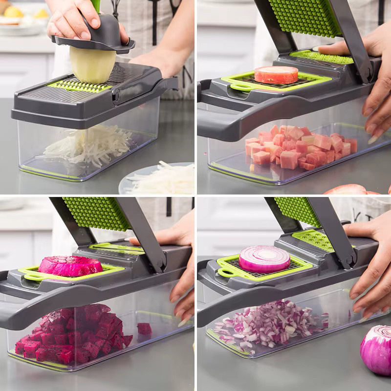 Multifunktionaler 14/16 in 1 Gemüsehacker und Zwiebelzerkleinerer von KEMORELA in Grau mit Mandoline und praktischem Griff zur Würfelformung für deine Küche - Bild 4