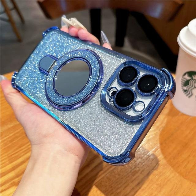 Yiran Luxus Handyhülle mit Spiegel und Glitzer-Effekt sowie Blitz-Ständer für iPhone 16 Pro Max, 15 Plus, 14, 13, 12, 11 und 16E in Grau - Bild 1