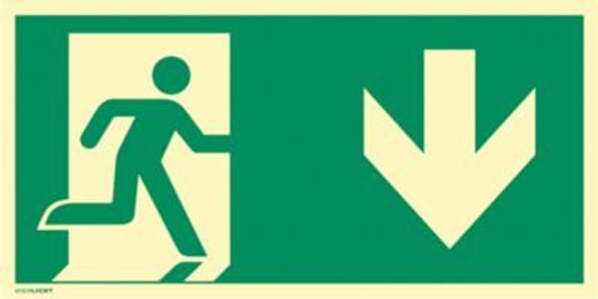 moedel Fluchtwegschild Notausgang rechts Pfeil unten nach ISO 7010 E002 aus Kunststoff langnachleuchtend grün B: 40 cm, H: 20 cm - Bild 1