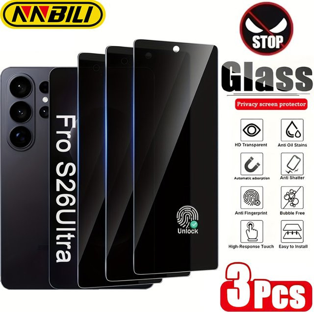 NNBILI 3-teiliges Sichtschutz Panzerglas aus gehärtetem Glas für Samsung Galaxy S26 Ultra und S26-Serie, transparent, unterstützt 0,01s Fingerabdruck-Entsperrung - Bild 1