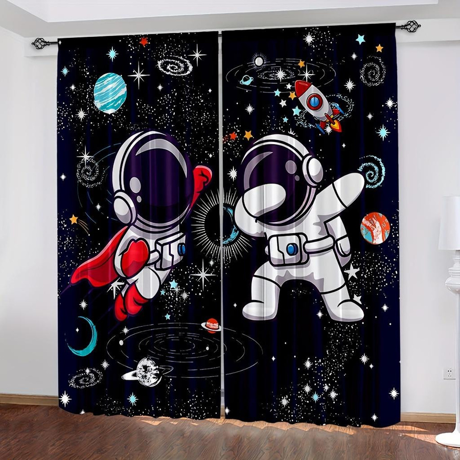 2er-Set Weltraum Astronaut Fenster Vorhänge mit kosmischem Design, halbtransparent, B: 150 cm, H: 166 cm - Bild 4