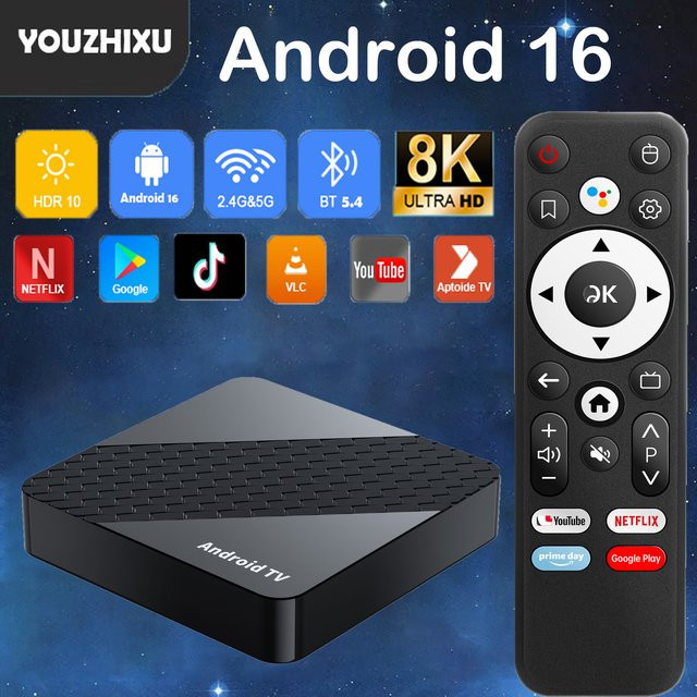 Smart TV Box Android 16 mit 8GB RAM und 256GB Speicher, Rockchip RK3518 X10, 8K Video Unterstützung, Google Assistant und Bluetooth 5.4, Media Player in Schwarz - Bild 1