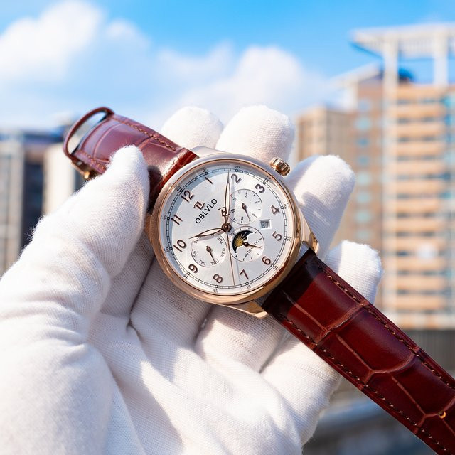 OBLVLO Armbanduhr Automatik, Mondphase, Roségold, Leder, Herren - Bild 1