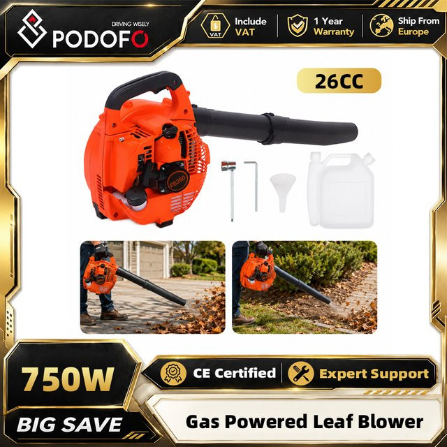 Podofo 26CC 2-Takt Benzin-Laubbläser in Orange mit 0,65 l Öltank für die Garten- und Hofreinigung - Bild 1