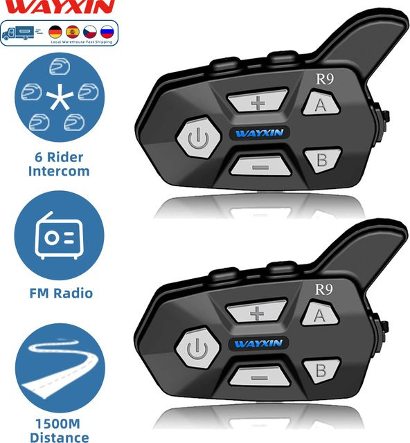 WAYXIN R9 Motorrad-Gegensprechanlage mit Bluetooth 5.0, Helm-Headset für bis zu 6 Fahrer, wasserdichtes FM-Radio, Schwarz - Bild 1