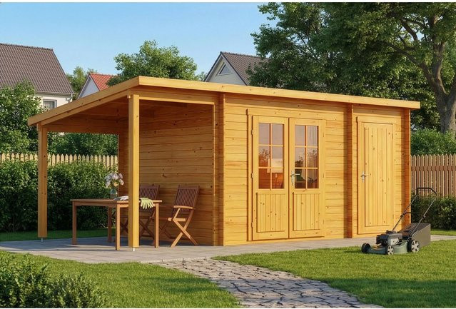 Alpholz Gartenhaus Maria-40 Natur mit Schleppdach B/T: 450 x 250 cm plus 150 cm Zusatzdach, imprägniertes Holzhaus - Bild 1