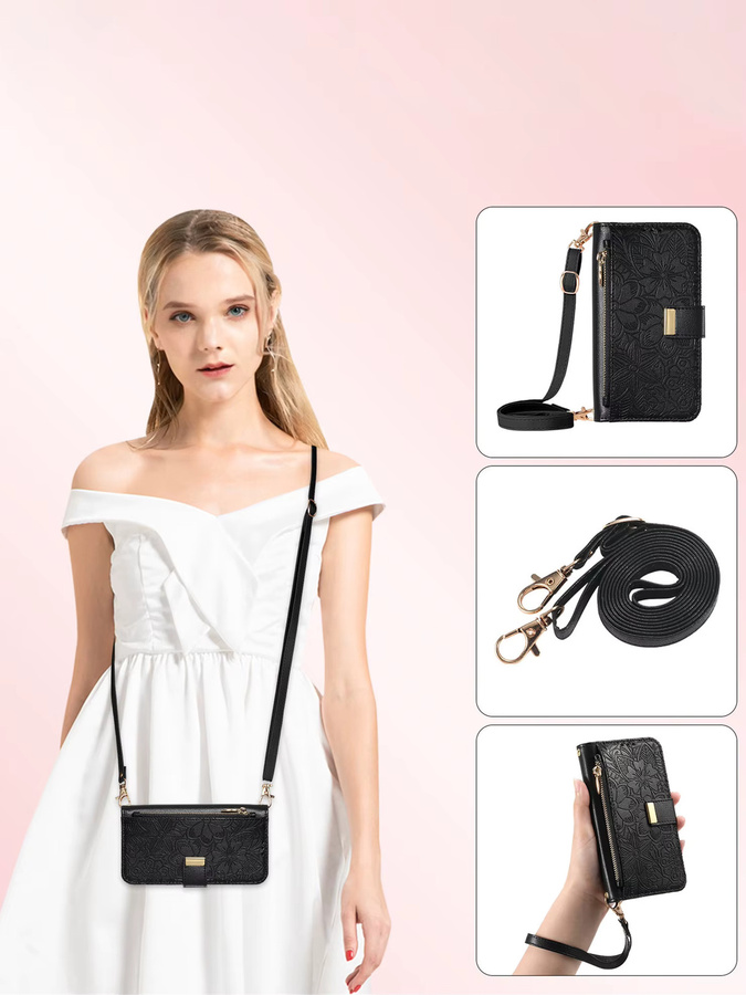 PU Leder Crossbody Handyhülle mit Reißverschluss und Handgelenkstrap für Samsung Galaxy S25 Plus, S24 FE, S23 Ultra und S22 in Pink oder Schwarz - Bild 5