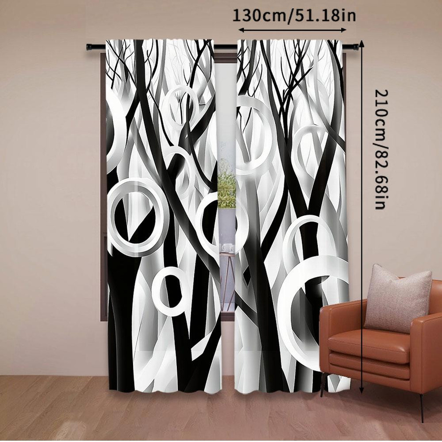 Tonnika Chen Vorhang Set mit geometrischem Kreisdruck in Schwarz-Weiß aus Polyester, 2 Stück, Breite: 100 cm, Höhe: 70 cm - Bild 2