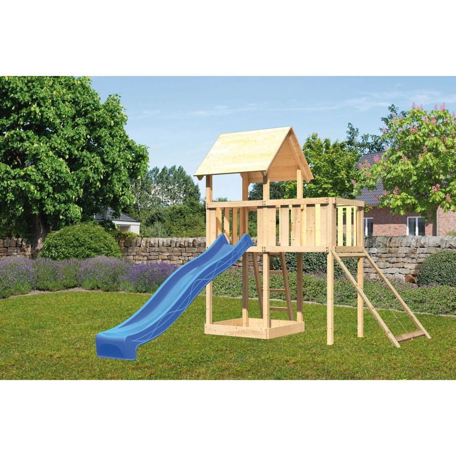 Karibu Spielturm Lotti mit Anbauplattform Netzrampe Rutsche Blau - Bild 2