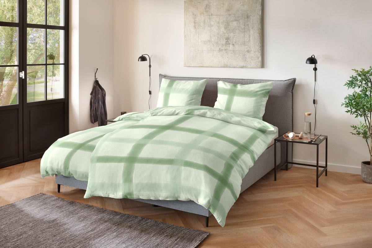 Primera Soft-Seersucker Bettwäsche aus Baumwolle Karo Kariert Grün Lind mit Bettbezug und Kissenbezug B/H: 135 x 200 cm, Kissen: 80 x 80 cm - Bild 1