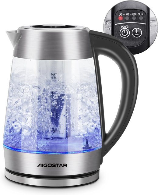 Aigo Star Cris Wasserkocher aus Borosilikatglas in Transparent mit Teekanne, 1,7 l, 2200W, 5 Temperatureinstellungen, Warmhaltefunktion und LED-Beleuchtung - Bild 1