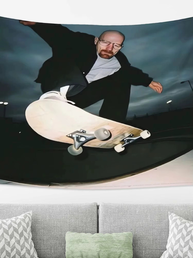 VIKAMA Wandteppich Old White Skateboard im Retro-Stil, Wanddekoration für Wohnzimmer und Sofa, Weiß/Mehrfarbig - Bild 2