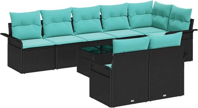 vidaXL Gartensofa-Set aus Poly-Rattan mit Speicherfunktion, 9-teilig, Schwarz und Türkis - Bild 1