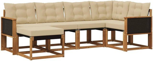 vidaXL Outdoor-Sofagarnitur L-Form aus Akazienholz mit Textilene und Kissen in Natur-Beige - Bild 1