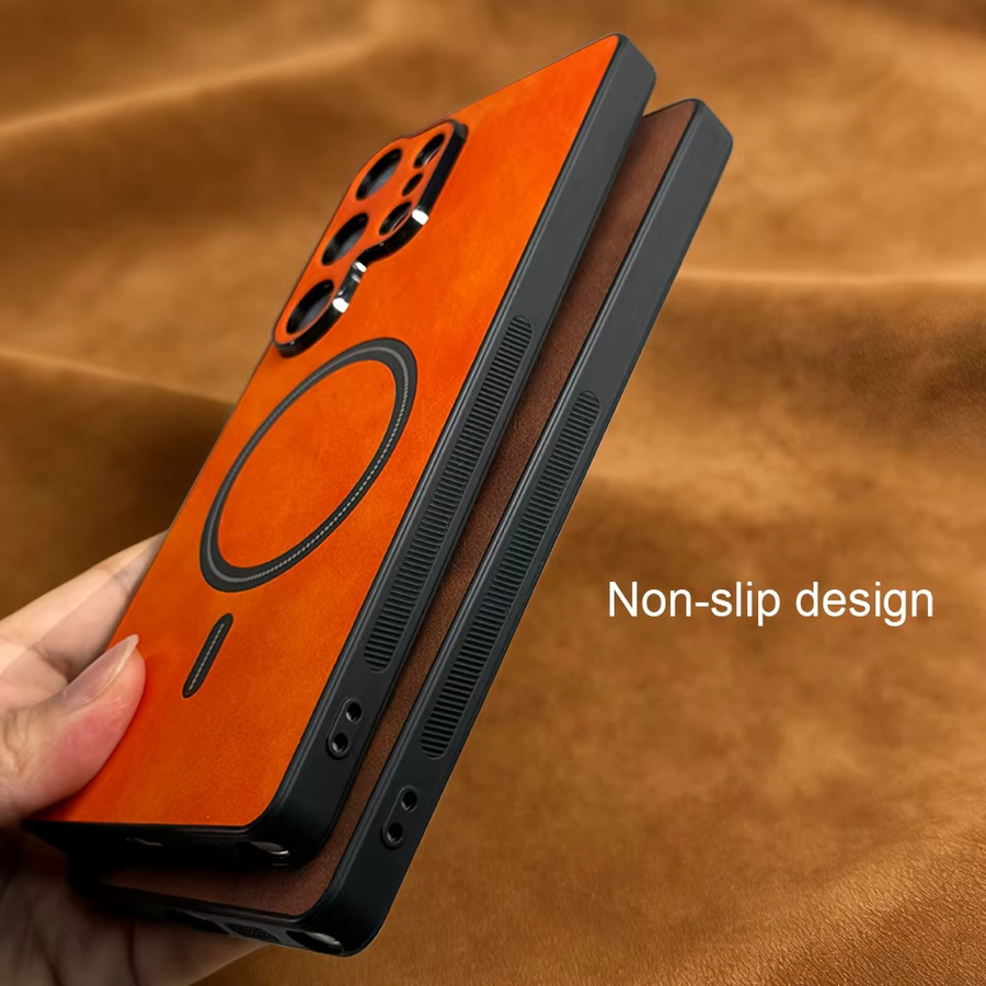 Luxuriöse Lederhülle für Samsung Galaxy S26 S25 S24 S23 S22 Ultra Plus FE mit MagSafe Magnetischem Kabellosem Laden in Orange - Bild 1