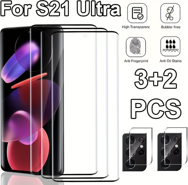 Samsung Displayschutzfolie 3er-Pack und Kameralinsen-Schutzfolie 2er-Pack für Galaxy S21 Plus und S21 Ultra 5G, 9H Gehärtetes Glas, 3D Gebogen, Transparent - Bild 1
