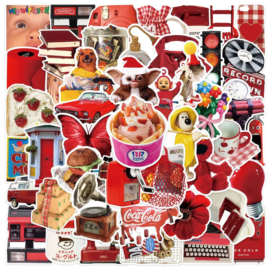 50 Stück minimalistische Ins-Stil Aufkleber in Rot von BulingBulingStickers Store, wasserfeste Sticker für Federmäppchen - Bild 2
