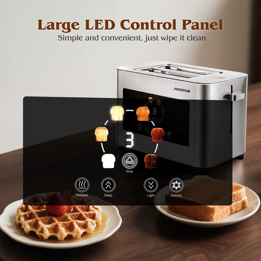 Aigostar Edelstahl Toaster in Silber mit LED-Touchscreen, 850W, 2 Scheiben, 4 cm extra breite Toastschlitze und 6 Bräunungsstufen - Bild 2