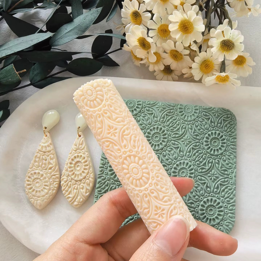 Barocke Sonnenblumen Texturwalze in Beige, 8 cm hochpräziser Musterstift zum Basteln von Polymer-Ton - Bild 3