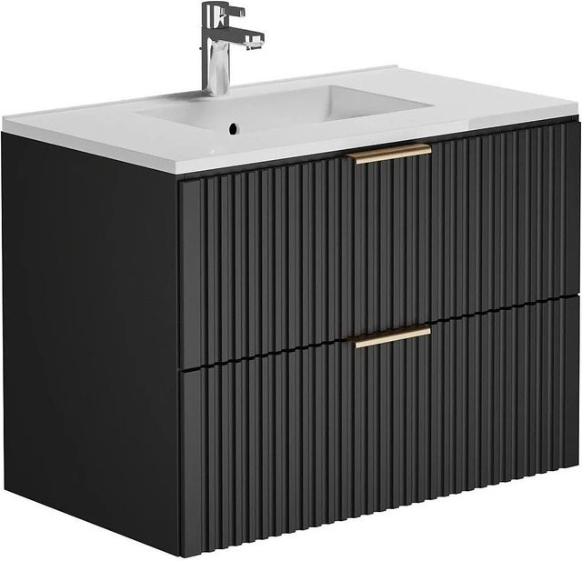 Vente-unique Einzelwaschtisch Zevara in Schwarz Matt im Art-déco-Stil mit gerippter Oberfläche, Breite: 80 cm, Tiefe: 57 cm, Höhe: 46 cm - Bild 1