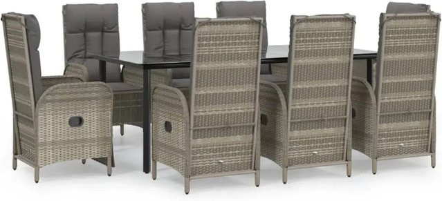 vidaXL 9-teilige Garten-Essgruppe aus Poly Rattan mit Kissen in Schwarz und Grau mit Tisch aus gehärtetem Glas - Bild 1