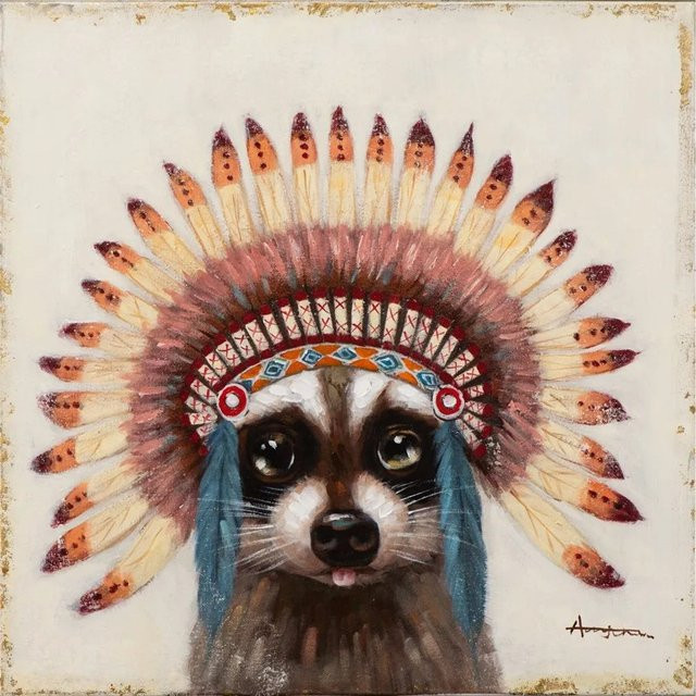 Art Universe Leinwandbild Waschbär mit Indianderschmuck, Multicolor, 60 x 60 cm - Bild 1