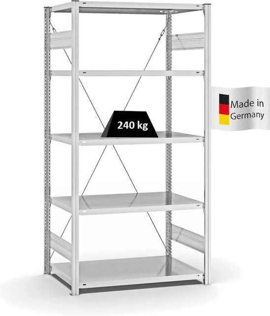 PROREGAL Fachbodenregal Stecksystem T-Profil Medium-Duty Grundregal in Lichtgrau, H x B x T: 200 x 100 x 60 cm, 5 Ebenen, Fachlast 240 kg - Bild 1