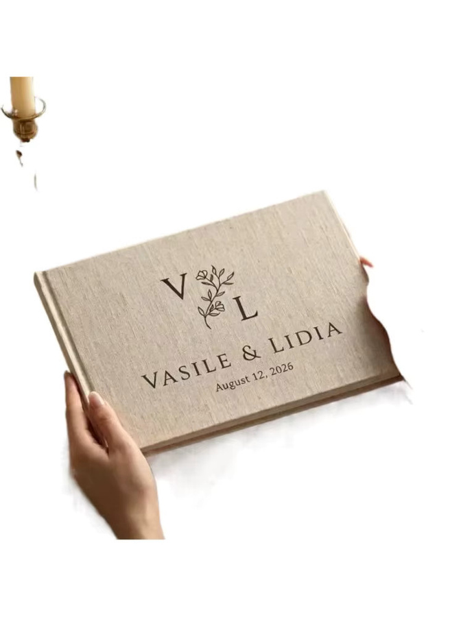 Personalisiertes Leinen-Gästebuch für Hochzeiten in Beige, Hardcover-Hochzeitsbuch im A4-Format mit blanko Seiten als rustikales Erinnerungsstück - Bild 3