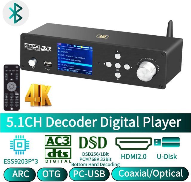AYINO DSD256 DTS HD AC3 ATMOS 5.1 Audio Decoder in Schwarz mit HDMI 2.0, Bluetooth 5.0, USB OTG und ESS9023P DAC - Bild 1