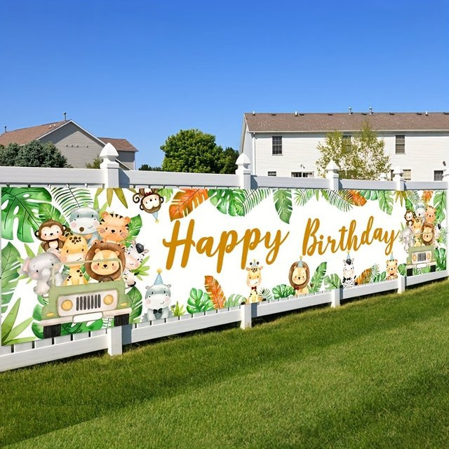 VIKAMA Banner mit Dschungeltier-Motiv und floralem Design in Mehrfarbig, ideal als Hintergrunddekoration für Babytaufe oder Kindergeburtstage, B: 180 cm, H: 35 cm, T: 35 cm - Bild 1