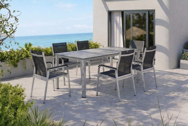 Kettler BasicPlus Premium Garten-Essgruppe aus Aluminium in Silber und Anthrazit mit Tisch und 6 Stapelsesseln, Tisch B: 160 cm, T: 90 cm, H: 74 cm - Bild 1
