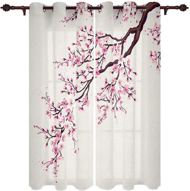Super Six Sakura Fenstervorhang im japanischen Stil mit floralem Design, Weiß, B: 135 cm, H: 245 cm - Bild 1