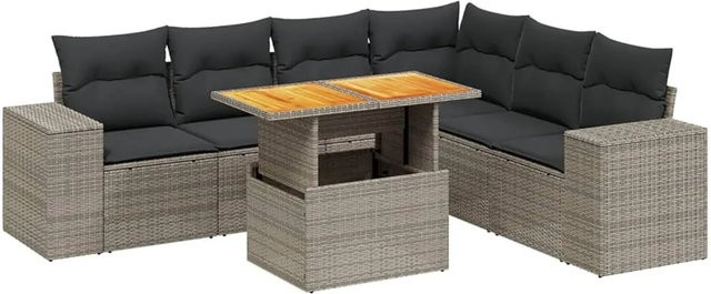 vidaXL 7-teilige Garten-Sofagarnitur in L-Form aus grauem Poly-Rattan mit Kissen und Akazienholz - Bild 1