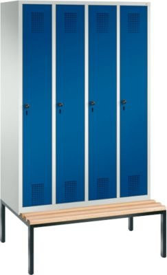 C + P Garderobenspind Evolo S 3000 aus Stahl mit integrierter Sitzbank, 4 Abteile mit je 300 mm Breite und Sicherheitsdrehriegelverschluss, Lichtgrau RAL 7035 und Enzianblau RAL 5010 - Bild 1