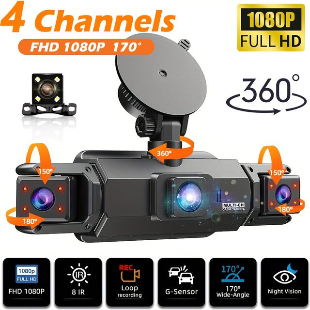 GMAIPOP 4-Kanal Dashcam mit 4K und 1080P Full HD, inklusive Nachtsicht, Schleifenaufnahme und 24H Parküberwachung, Schwarz - Bild 1