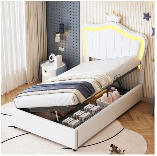MUVOE Kinderbett mit LED-Beleuchtung und hydraulischem Stauraum aus weißem Kunstleder, B/H: 90 x 203,5 cm - Bild 1