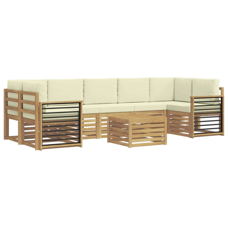 vidaXL Sofagarnitur aus Massivholz Akazie im modernen Latten-Design mit Armlehnen in Creme-weiß und Beige - Bild 2