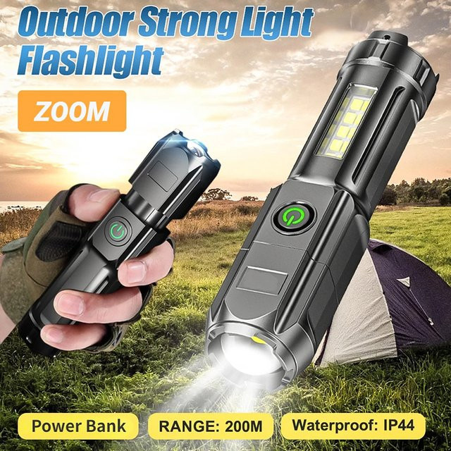 KDULIT Hochleistungs-LED-Taschenlampe in Schwarz mit Zoom-Funktion, COB-Seitenlicht und wiederaufladbarem Akku für Outdoor, Camping und Angeln - Bild 1
